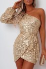 One-shoulder Lantern Sleeve Sequins Tied Waist Mini Dress