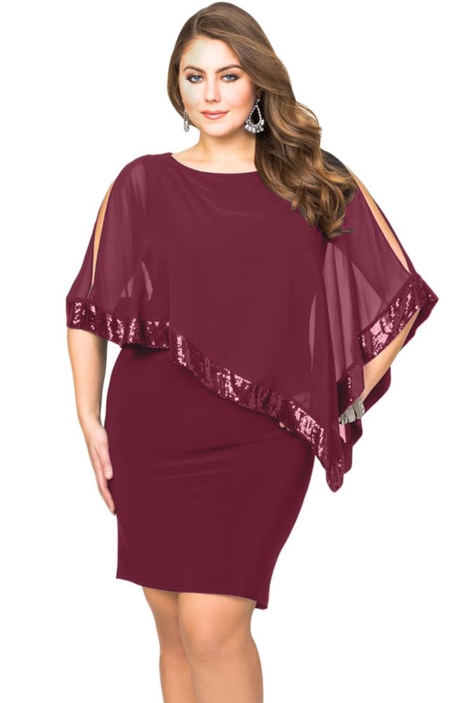Sequined Mesh Overlay Plus Size Poncho Dress