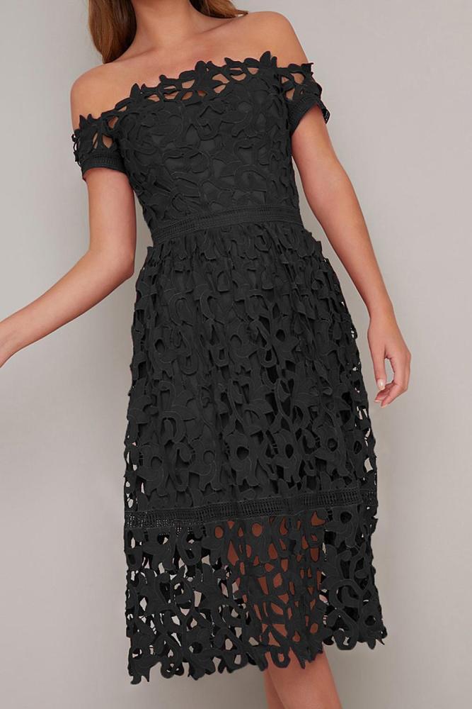 Off Shoulder Short Sleeve Crochet Party Dress