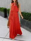 Solid Color Halter Neck Top Sleeveless Layered Maxi Dress With Belt