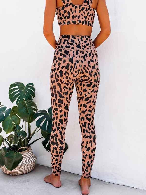 Sports Wear For Women Leopard Square Neck Crop Top High Waisted Leggings Set