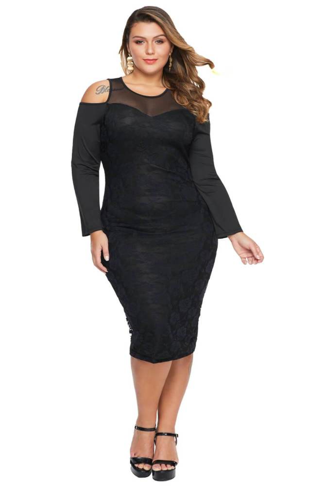 Cold Shoulder Mesh Yoke Plus Size Dress