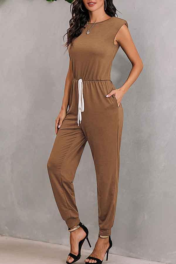 Women's Sleeveless Jumpsuits With Shoulder Padded And Waist Drawstring