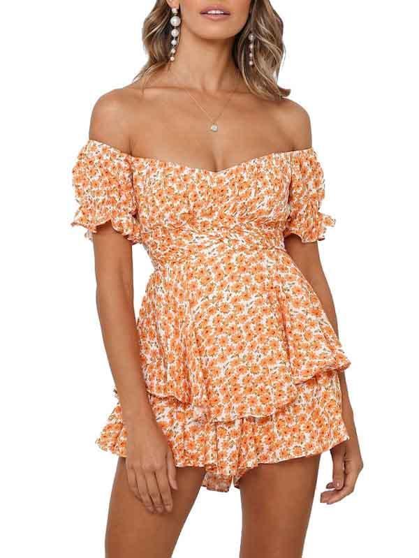 Women's Off Shoulder Short Sleeves Layered Ruffle Rompers