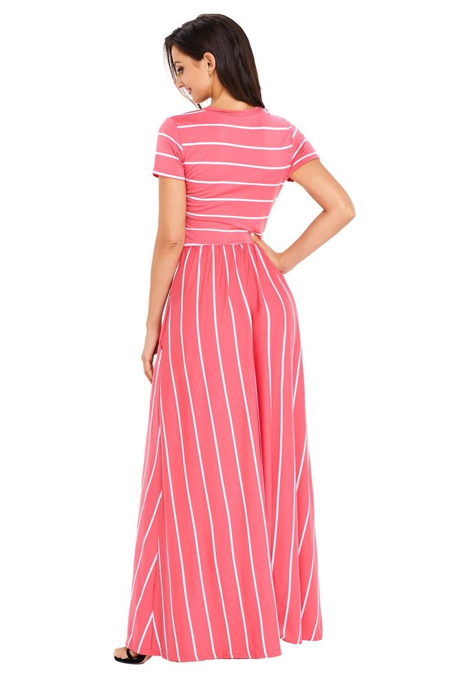 Striped Rosy Short Sleeve Maxi Dress