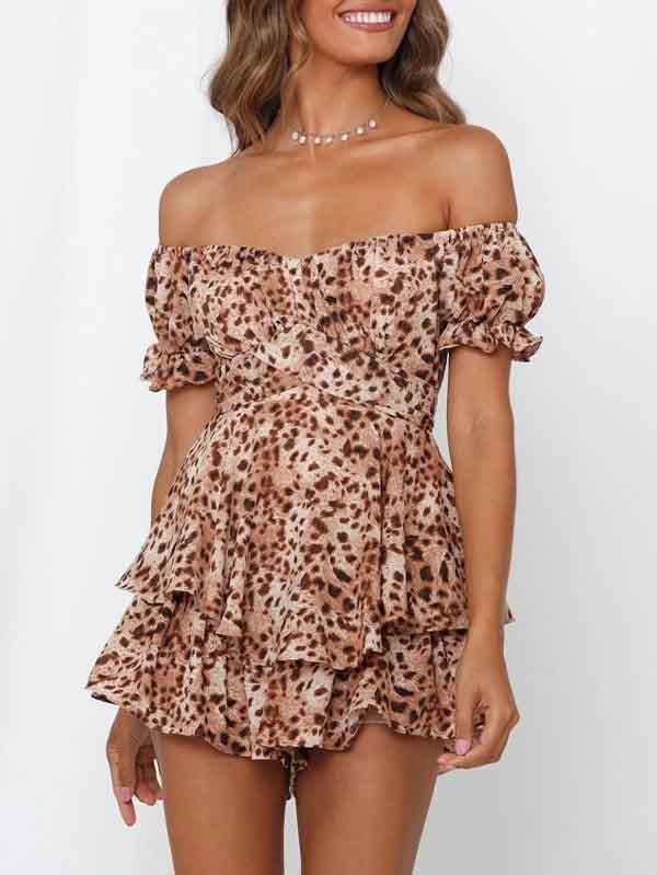 Women's Off Shoulder Short Sleeves Layered Ruffle Rompers