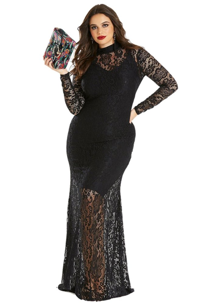 Plus Size High Neck Lace Fishtail Maxi Dress