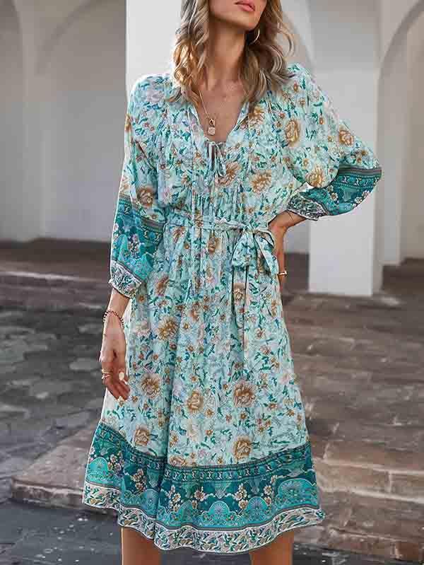 Women's Long Sleeve V Neck Floral Bohemian Dress