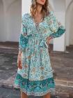 Women's Long Sleeve V Neck Floral Bohemian Dress