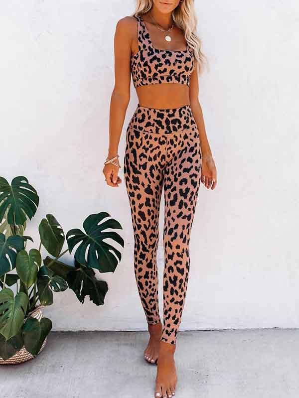 Sports Wear For Women Leopard Square Neck Crop Top High Waisted Leggings Set