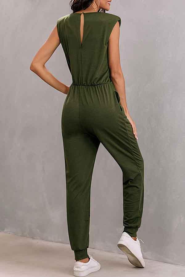 Women's Sleeveless Jumpsuits With Shoulder Padded And Waist Drawstring