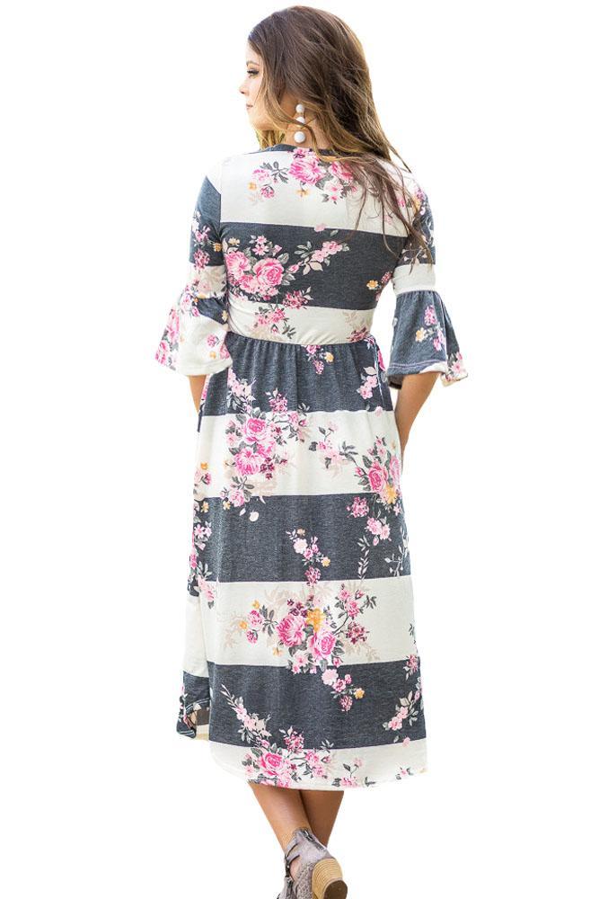 Light Blue 3/4 Bell Sleeve Floral Midi Dress