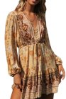 V-neck Floral Print Long Sleeve Tunic Mini Dress