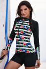 Striped Floral Patchwork Long Sleeve One-piece Swimsuit