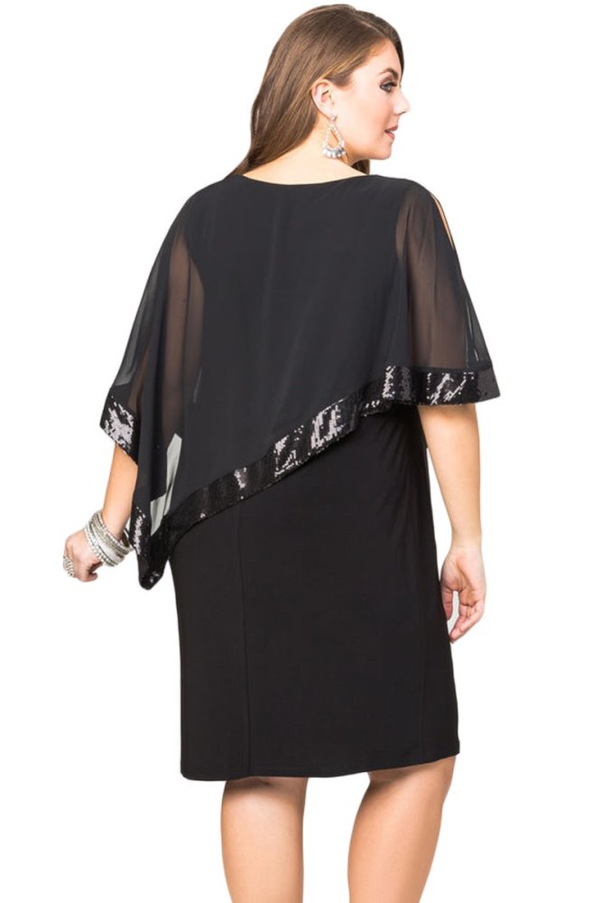 Sequined Mesh Overlay Plus Size Poncho Dress