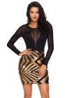 Sheer Mesh Long Sleeve Gold Sequin Club Dress