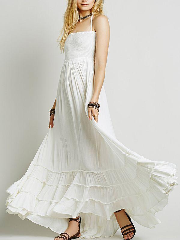 Halter Strapless Smocked Bodice Maxi Dress