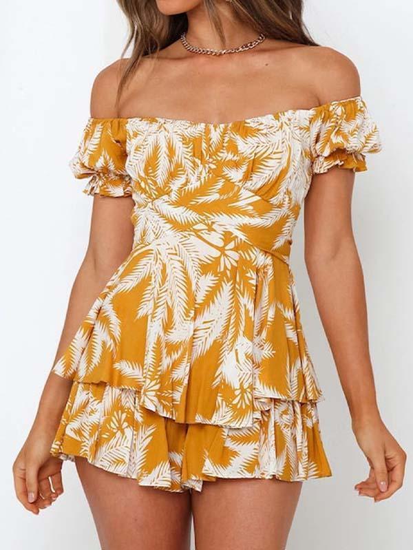 Women's Off Shoulder Short Sleeves Layered Ruffle Rompers