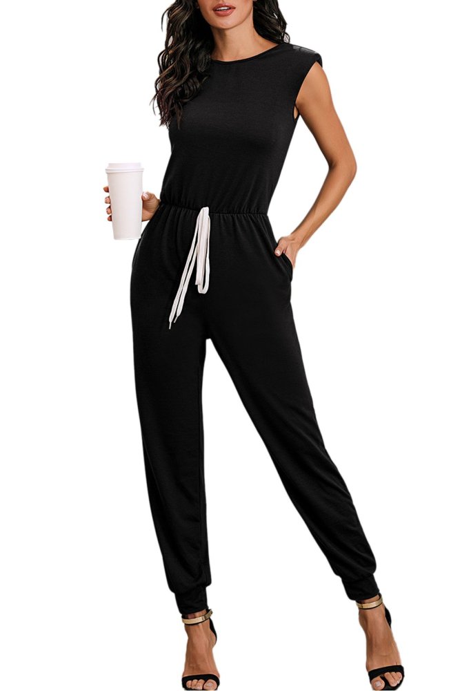 Women's Sleeveless Jumpsuits With Shoulder Padded And Waist Drawstring