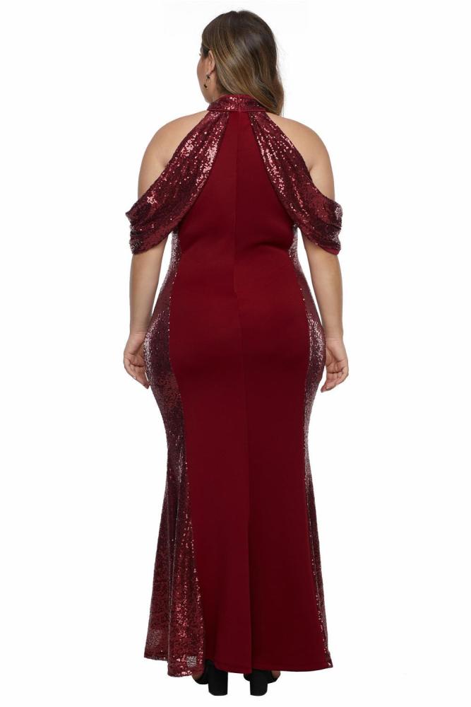 High Neck Drop Shoulder Sequin Décor Plus Size Gown