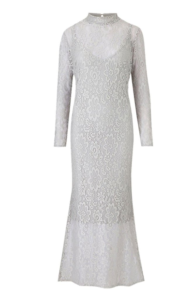 Plus Size High Neck Lace Fishtail Maxi Dress