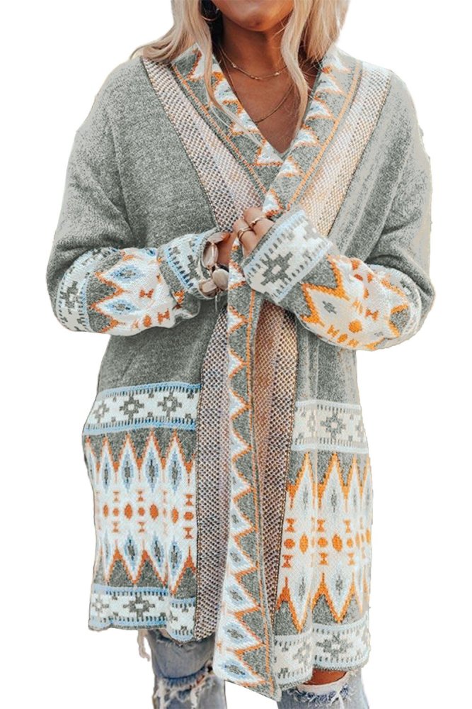 Aztec Print Open Front Knitted Cardigan