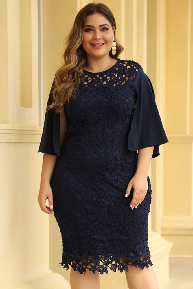 Flutter Slit Sleeve Crocthet Lace Plus Size Dress