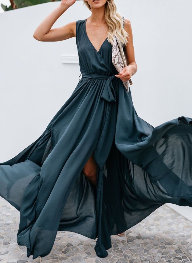 Sleeveless Pleated Split Knot Front Maxi Dress