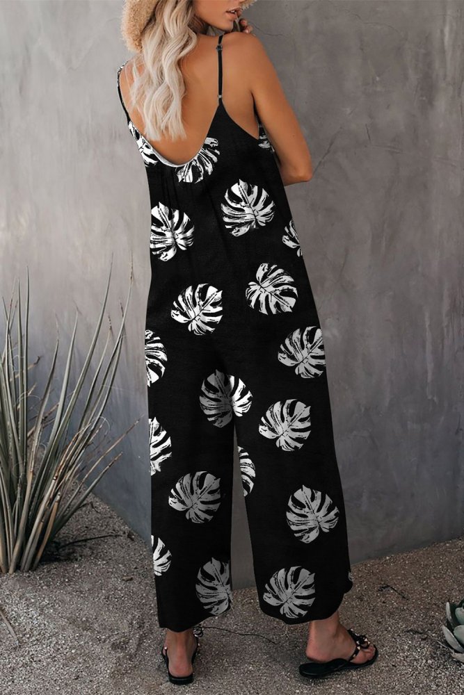 Palm Leaves Print Spaghetti Strap Wide Leg jumpsuit