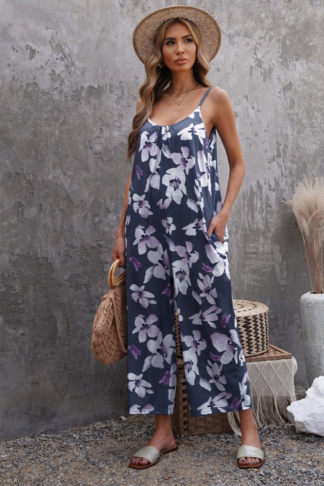 Palm Leaves Print Spaghetti Strap Wide Leg jumpsuit