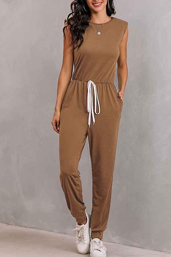 Women's Sleeveless Jumpsuits With Shoulder Padded And Waist Drawstring