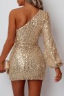 One-shoulder Lantern Sleeve Sequins Tied Waist Mini Dress