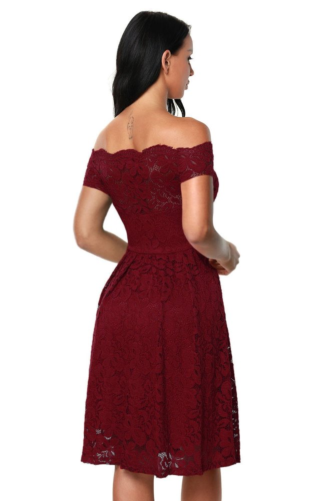 Wine Scalloped Off Shoulder Flared Lace Dress