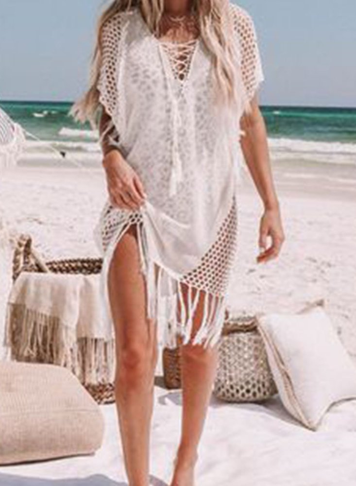 White Beach Cover Up Knitted Dress With Fringe