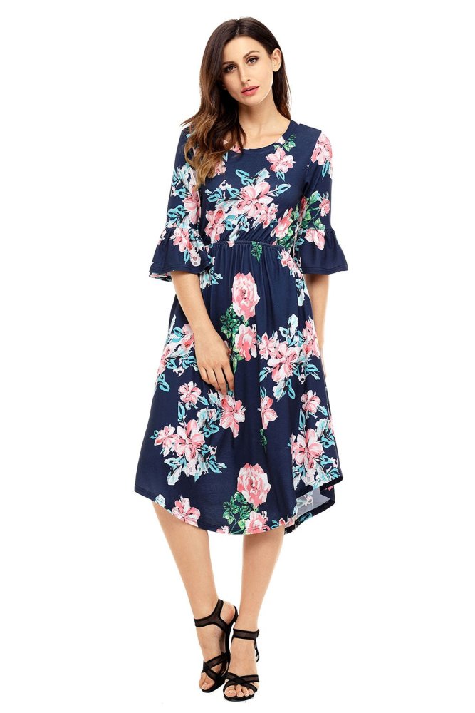 Light Blue 3/4 Bell Sleeve Floral Midi Dress