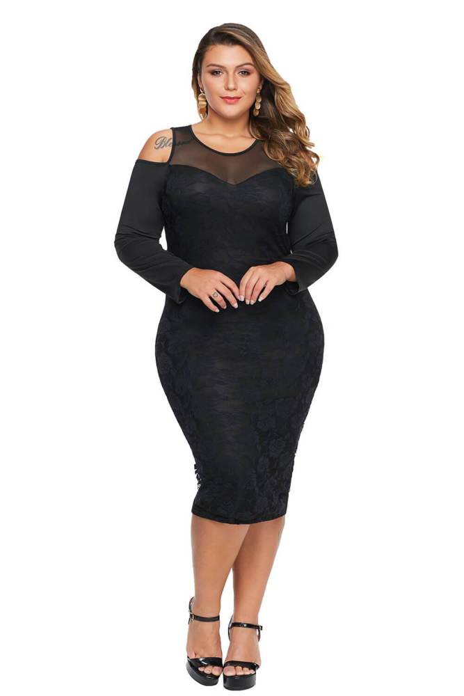 Cold Shoulder Mesh Yoke Plus Size Dress