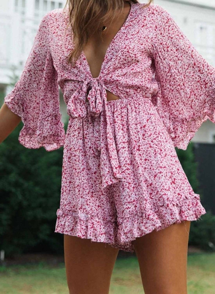 Women's Deep V Neck Flower Rompers With Tie
