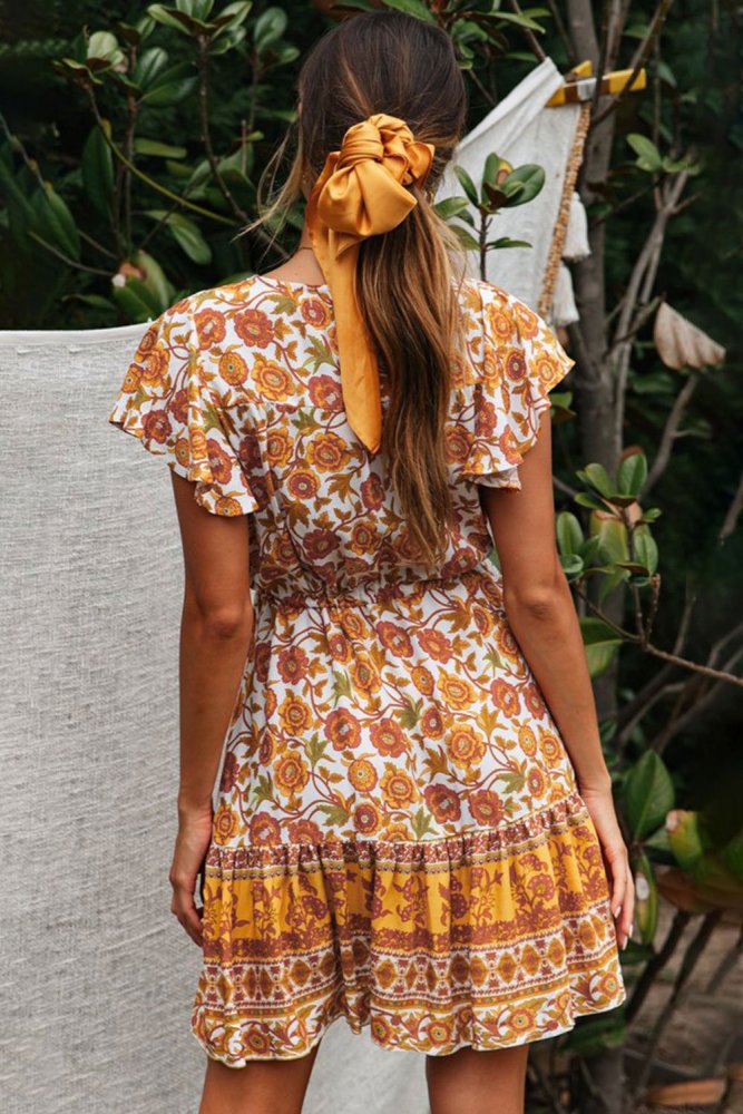 Deep V High Waist Tie Short Ruffle Sleeve Mini Dress