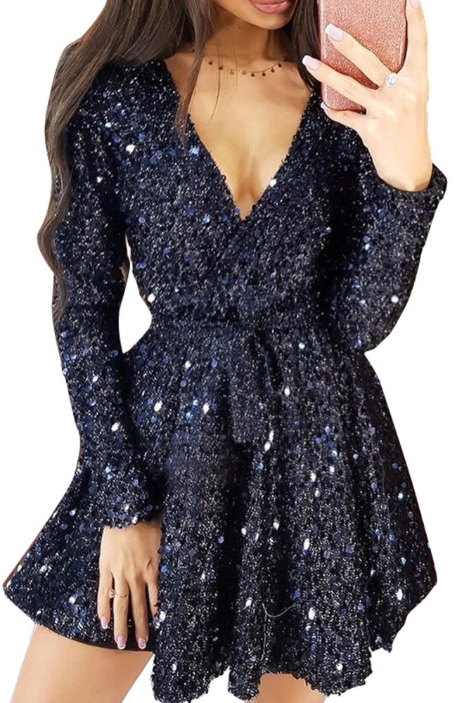 Sequin Deep V Long Sleeve Evening Dress with Waist Tie