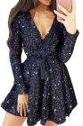 Sequin Deep V Long Sleeve Evening Dress with Waist Tie
