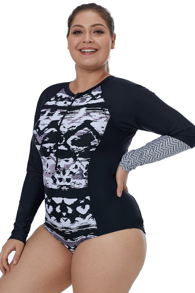 Irregular Sleeve Rash Guard Top with Abstract Print