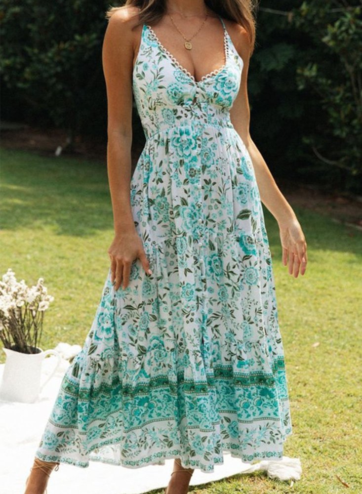 Floral V Neck Lace Cami Maxi Dress For Women