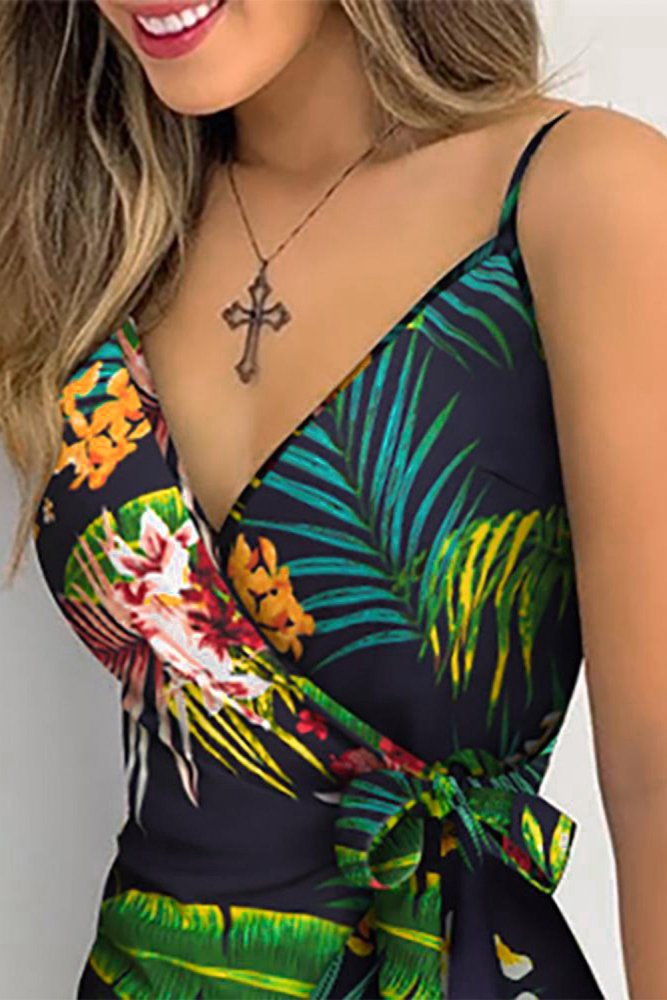 V Neck Leaf Print Mini Dress