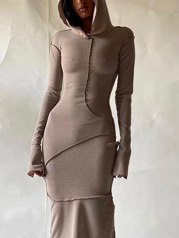 Plus Size Hooded Long Sleeve Maxi Dress Womens Sexy Bodycon Dress
