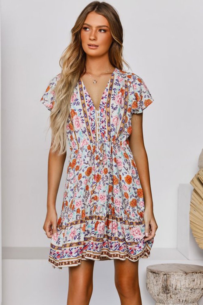 Deep V High Waist Tie Short Ruffle Sleeve Mini Dress