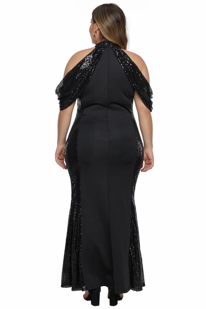 High Neck Drop Shoulder Sequin Décor Plus Size Gown