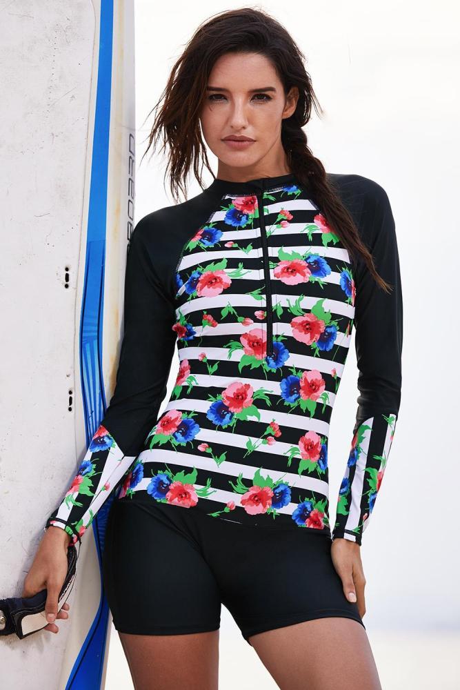Striped Floral Patchwork Long Sleeve One-piece Swimsuit