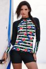 Striped Floral Patchwork Long Sleeve One-piece Swimsuit