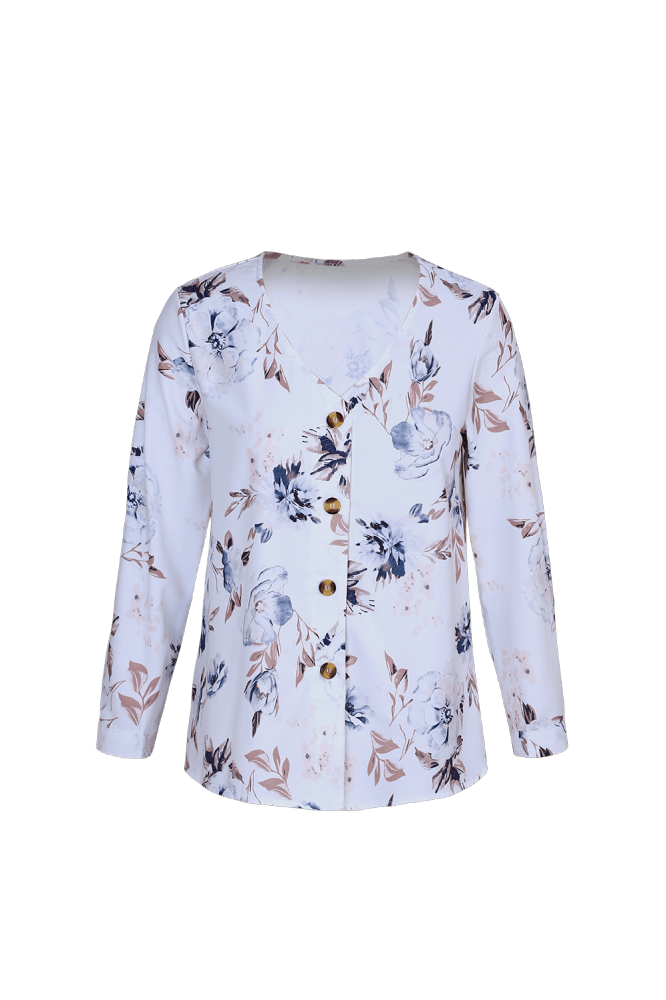 V Neck Buttoned Floral Print Blouse