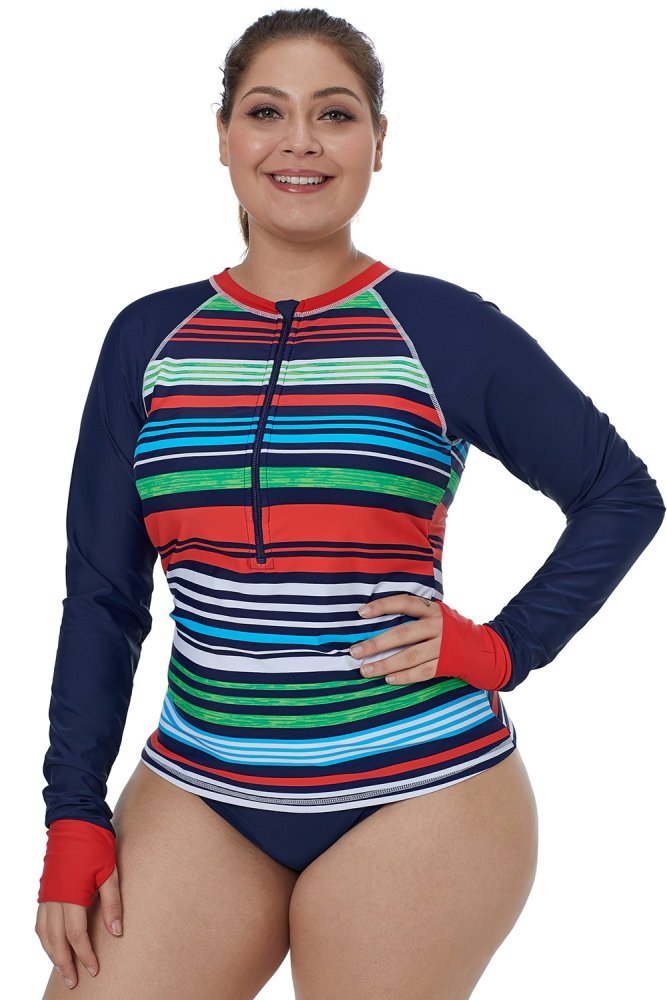 Multicolor Striped Long Sleeve Front Zip Rashguard Top